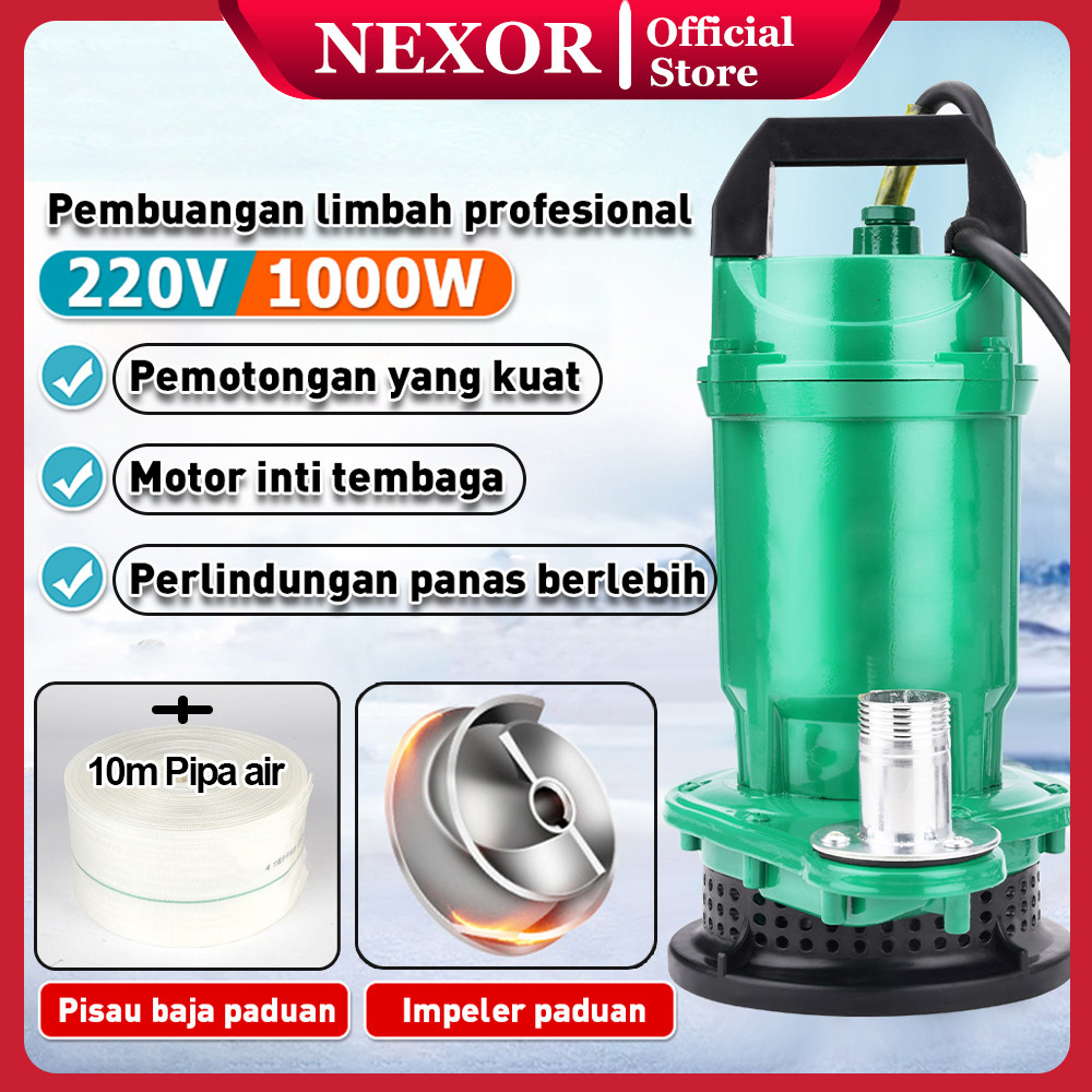 Pompa Celup Air Kotor 1000w Submersible Pump 220V Pompa Jet Jenis Pemotongan Blowdown (100% Tembaga)