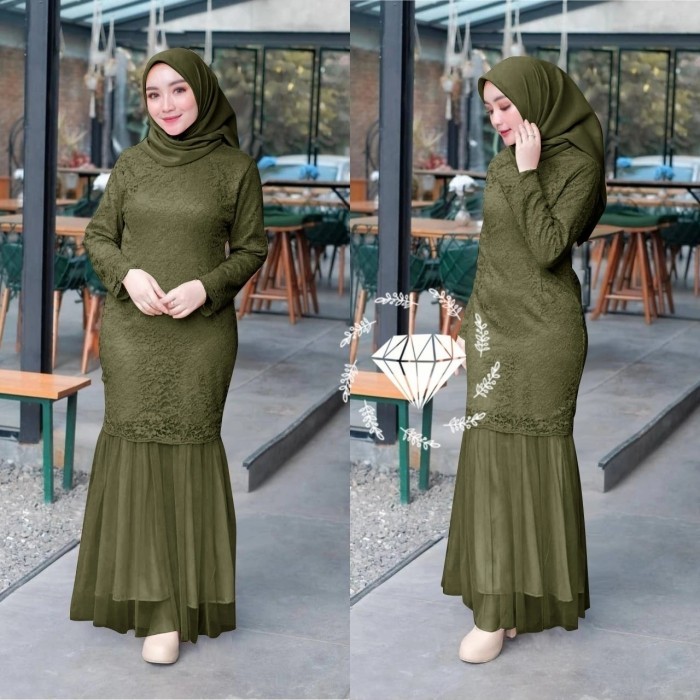 Dress nimori army Baju pesta brukat gamis duyung cantik murah nina at