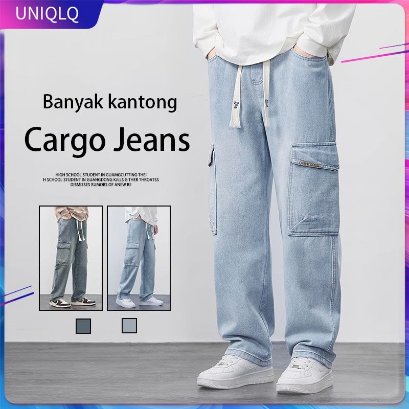FV67YT Cargo Jeans Blue Celana Jeans Pria Original High Waist Celana Cargo Panjang Pria Jumbo Korean