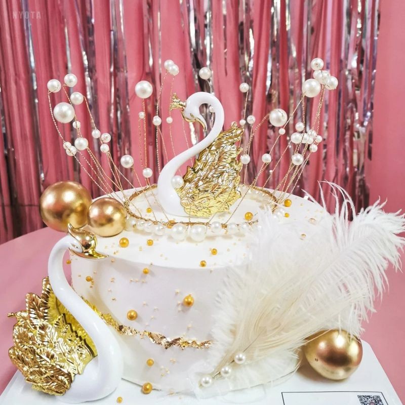 Hari Valentine Emas dan Perak Mahkota Angsa Cinta Romantis Flamingo Kue Ulang Tahun Pernikahan Dekor