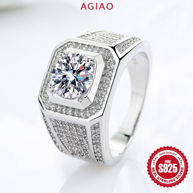 AGIAO Klasik Moissanite 18k White Gold Domineering Cincin Pernikahan Sederhana