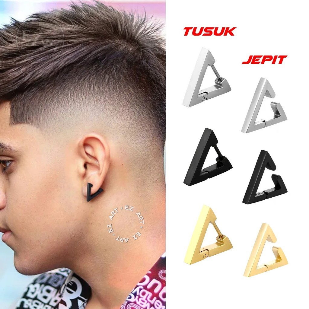 Anting Fashion Geometri Segitiga Tusuk Jepit Pria Wanita Triangle Stainless Steel Cowok Cewek Silver