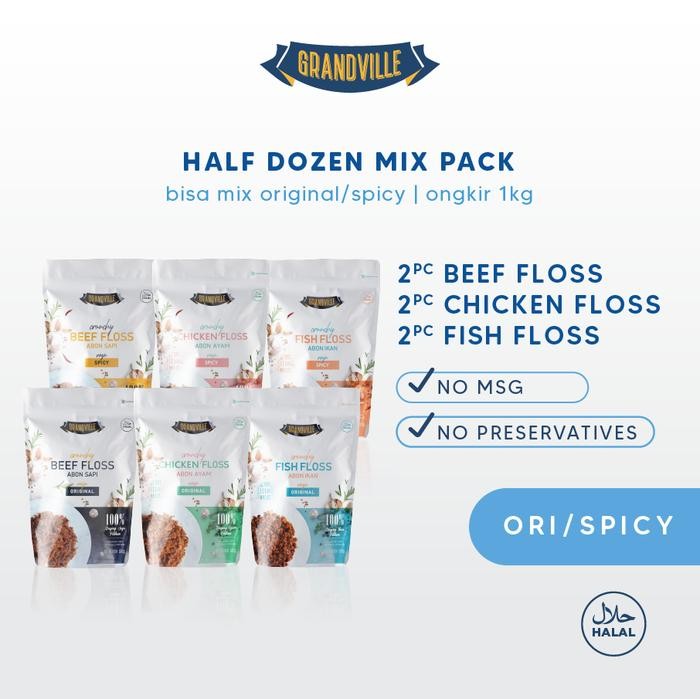 

6Pc Grandville Abon Mix Abon SAPI [2Pc], AYAM [2Pc], & IKAN [2Pc] - Non Msg Gluten Free - original [terlaris]