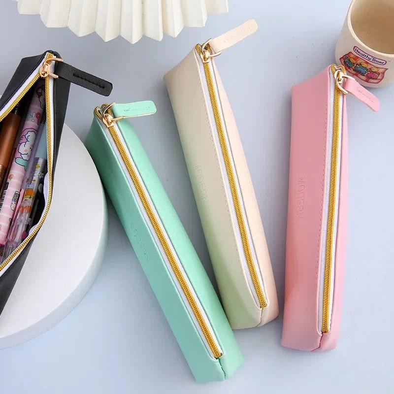 

Mini Pencil Bag PU Solid Color Student Supplies Kawaii Zipper Bags Pencil Case Pouch School Office Stationery Supplies