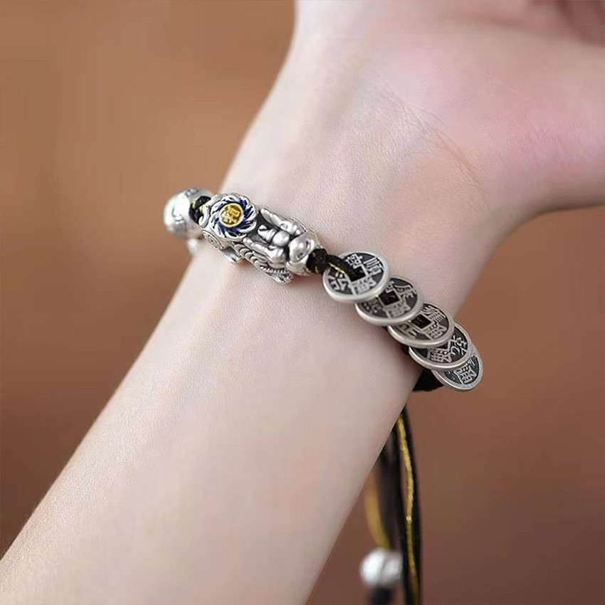 Gelang pixiu titanium tali hitam pria feng shui asli perak pixiu gelang keberuntungan china