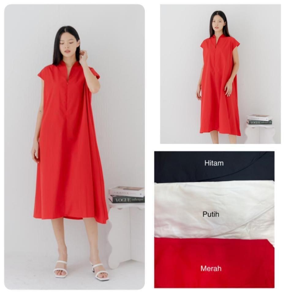 FASHION KING - DRESS WANITA - DRESS SLETING LENGAN PENDEK / DRESS MERAH NATAL PUTIH
