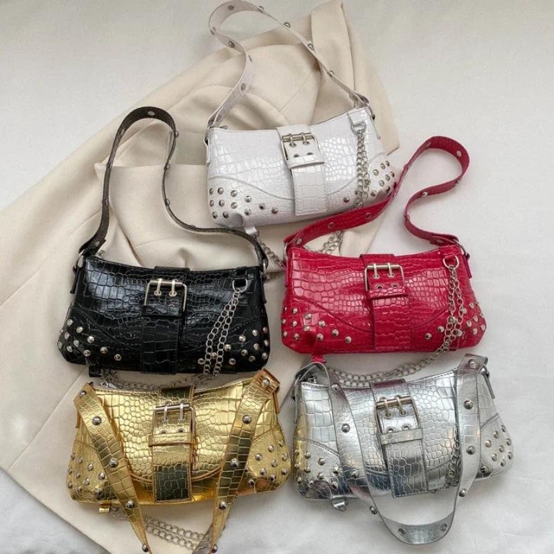 

Women Fashion Shoulder Bag Gothic Ladies Bag Cool Style Trendy Rock Girls Handbag Y2K Rivet Chain for Travel Vacation Daily