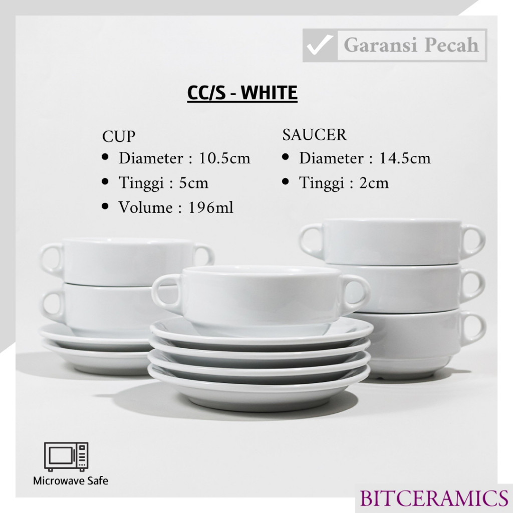 Consomme Cup & Saucer Keramik / Soup Cup / Zuppa Soup Putih Polos By Indo Keramik / SCSR15AAG - 1PSG