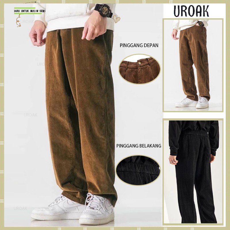 DE43G Celana corduroy pria celana corduroy longgar longgar kulot celana vintage pria fashion lurus l