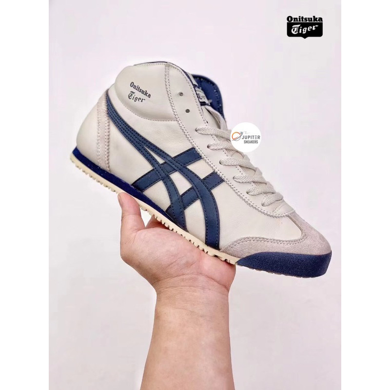 Promo Sepatu Onitsuka Tiger Leather Mid Runner High Cream Navy •Free paperbaq dan kaos kaki•