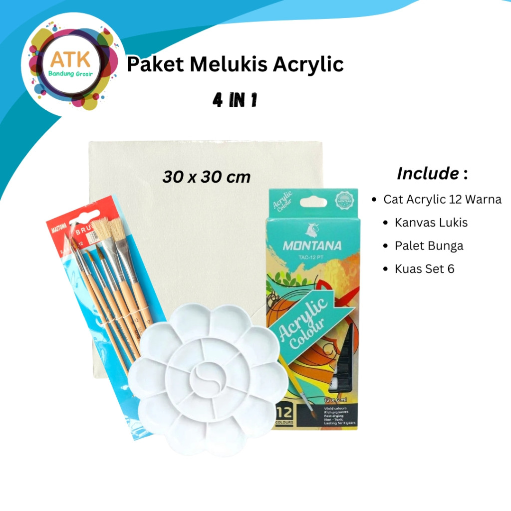 

Paket Melukis Lengkap Set 4 in 1 Set Kanvas 30x30 Kuas Palet dan Cat Acrylic - Set Lukis