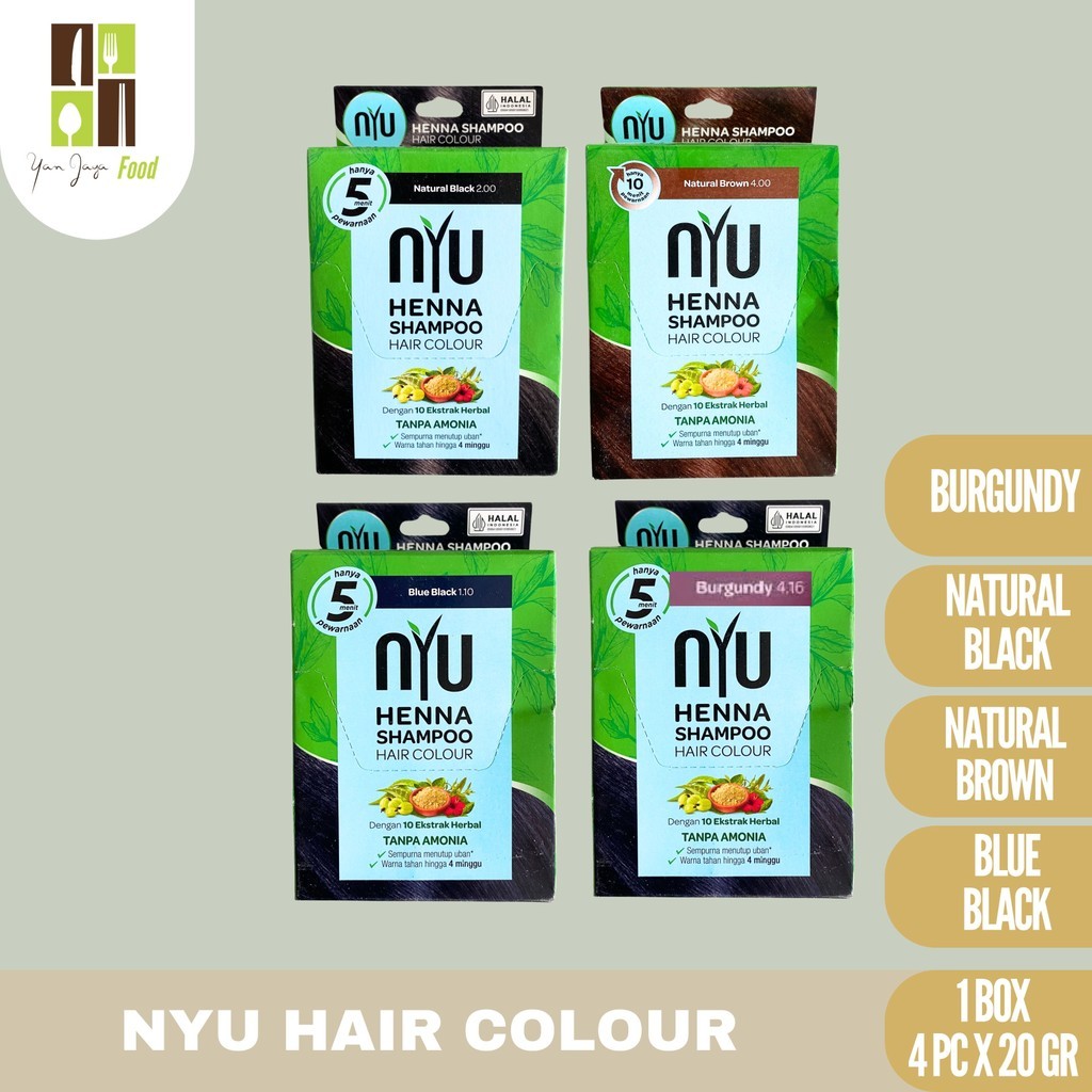NYU Henna Shampoo Hair Colour /  Sampo Pewarna Rambut Natural Black / Burgundy / Natural Brown / Blu
