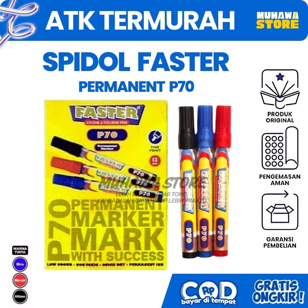 

SPIDOL FASTER P70 1 PACK IS 12 WARNA HITAM. BIRU . MERAH