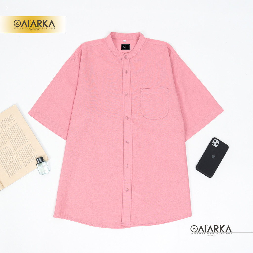 ALARKA Kemeja Shanghai Koko Linen Kemko Pria Lengan Pendek Pink