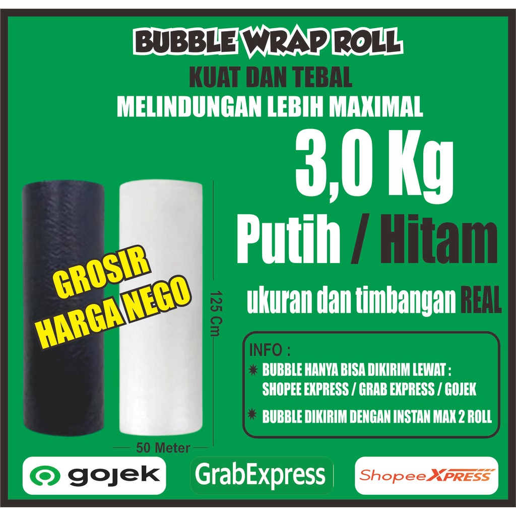

Bubble Wrap Hitam/Bening Berat 3.0kg Lebar 125cm Panjang 50 meter