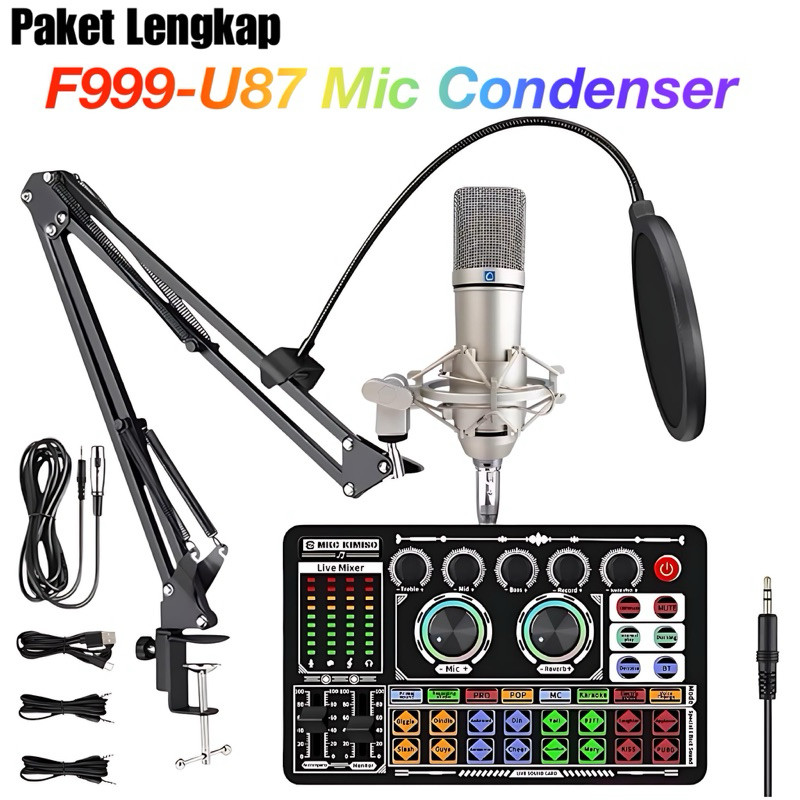 F999-U87 mic condenser Paket Lengkap Soundcard  Mic SET Dengan braket kantilever komplit peralatan l