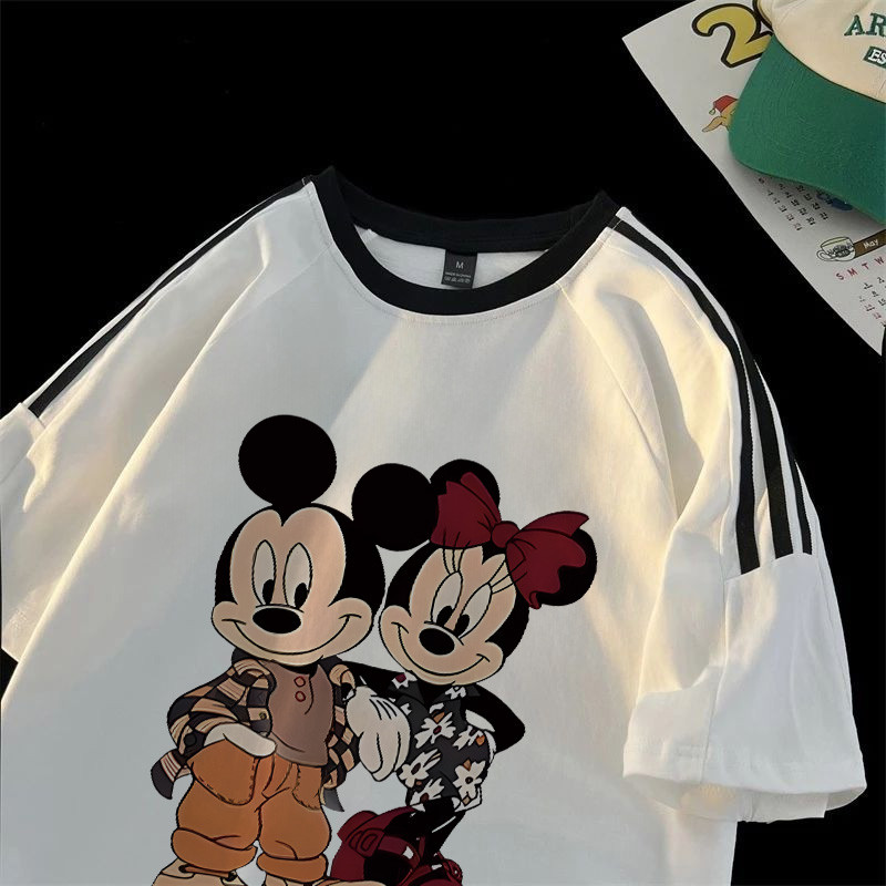 Po floret Kaos Wanita Kekinian Lengan Pendek Mickey Mouse Print Three Bergaris Bahu Kaos Longgar Tsh