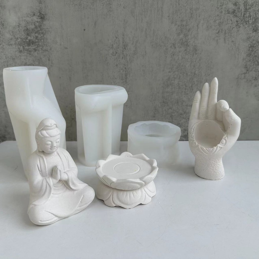 

Buddha Scented Candle Mold Lotus Base Guanyin Hand Candle Holder Plaster Silicone Molds for Epoxy Resin