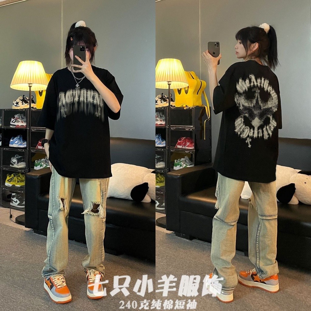 printing trend cotton ready stock top tshirt black short round neck shirt ready stock top plus size 