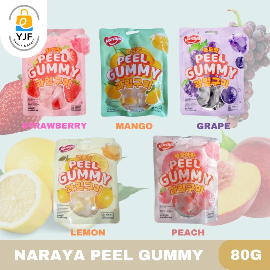

Naraya Peel Gummy / Permen Jelly Rasa Peach / Lemon / Mango / Grape / Strawberry / Jelly Buah 80g