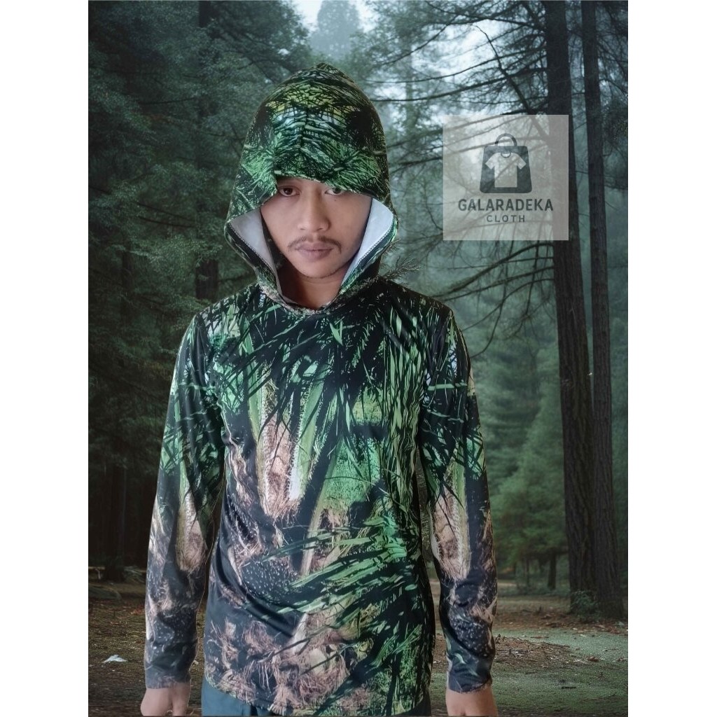 Kaos hoddie camuflase outdoor motif sawit hijau lengan panjang ada kupluk