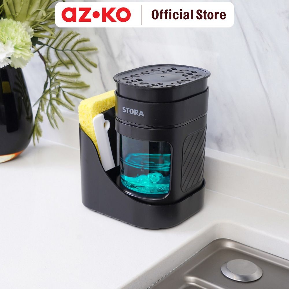 AZKO Stora Dispenser Sabun Cuci Piring Dengan Caddy - Hitam Wadah Penyimpanan Spons Dan Sabun Dish S