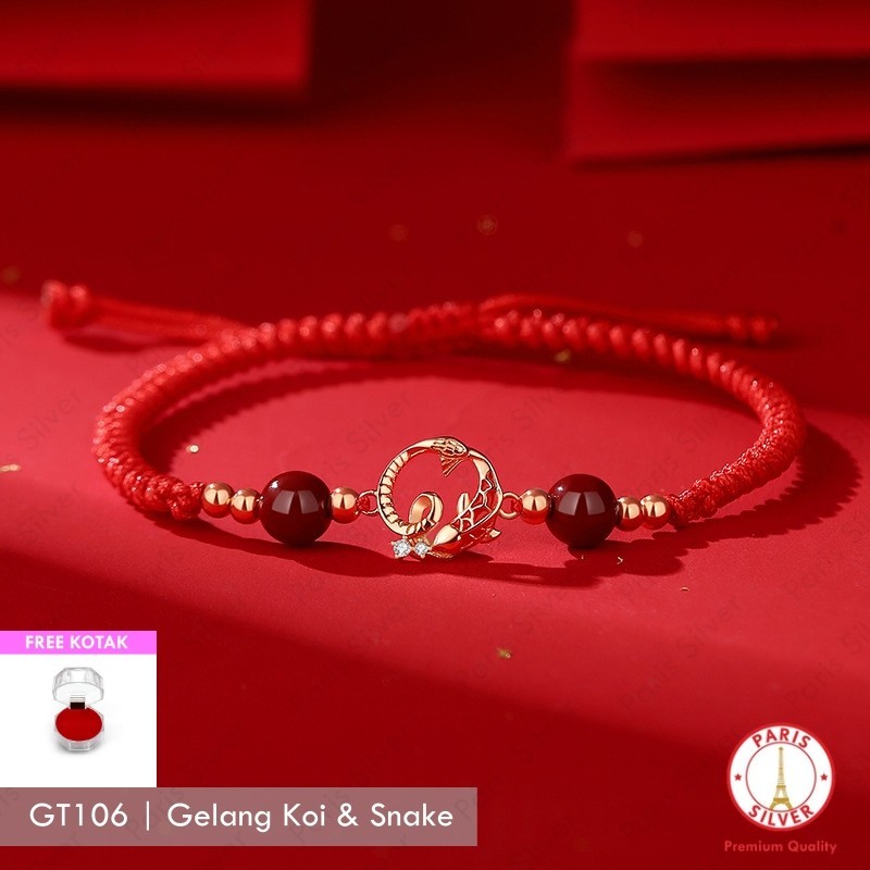 Gelang Ikan Koi dan Shio Ular Perak 925 Lapis Emas Kuning dan Rosegold 18K Dengan Tali Kain Merah