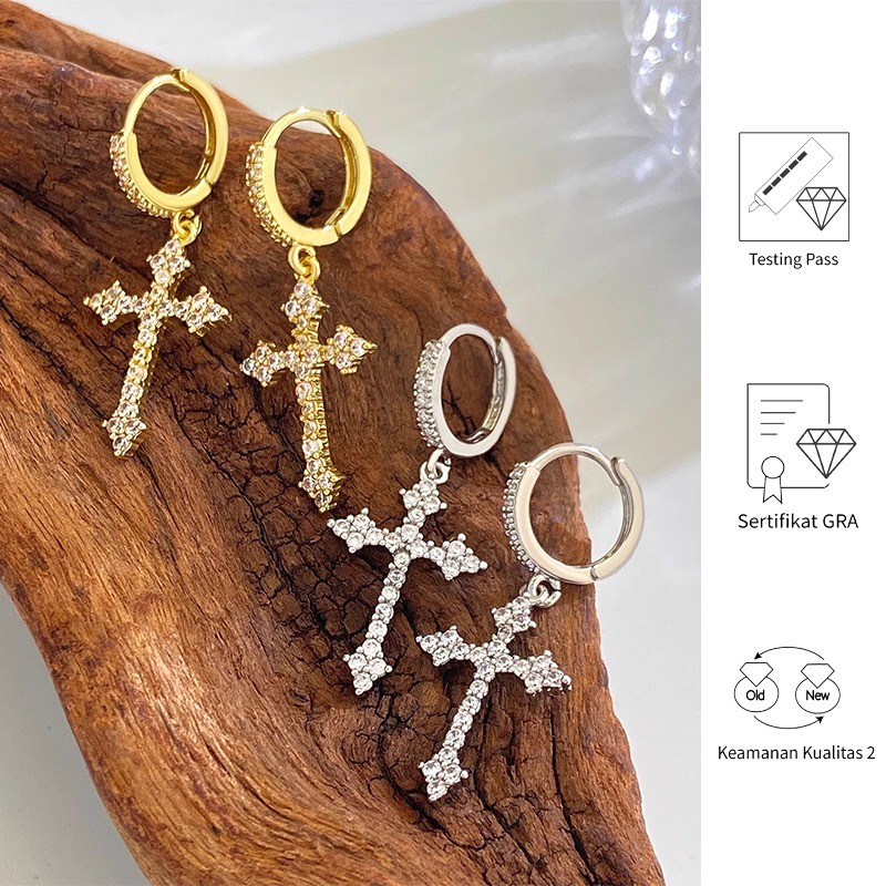FULIN Anting Platinum Perhiasan Emas Wanita Moissanite Cross
