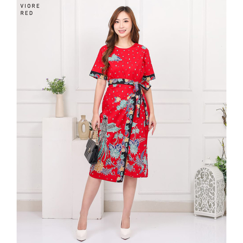 Evercloth Viore Dress Wanita Batik Couple Modern Dress Batik Modern Gaun Pesta Merah
