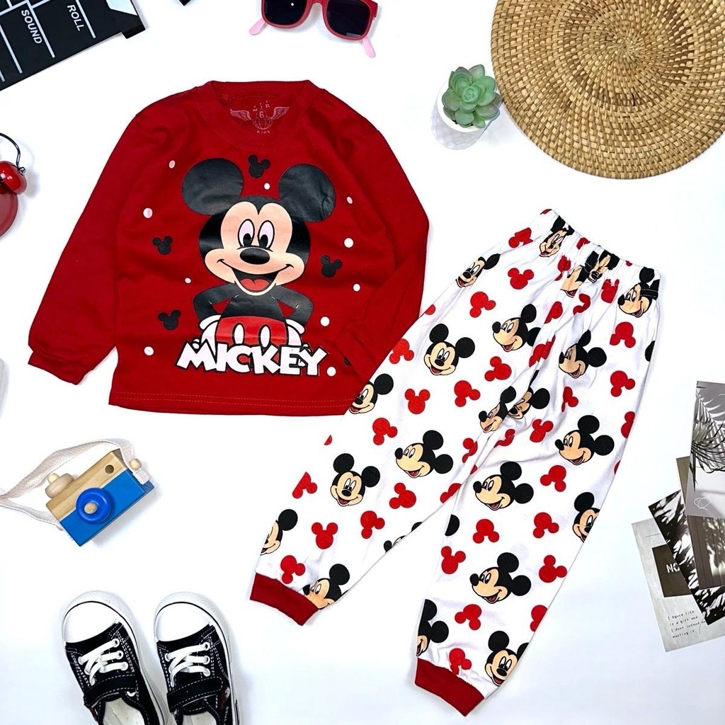 Baju Mickey Mouse Setelan Anak Unisex 1-10 Tahun Lengan Panjang Bahan Katun Parsel Perempuan Bayi
