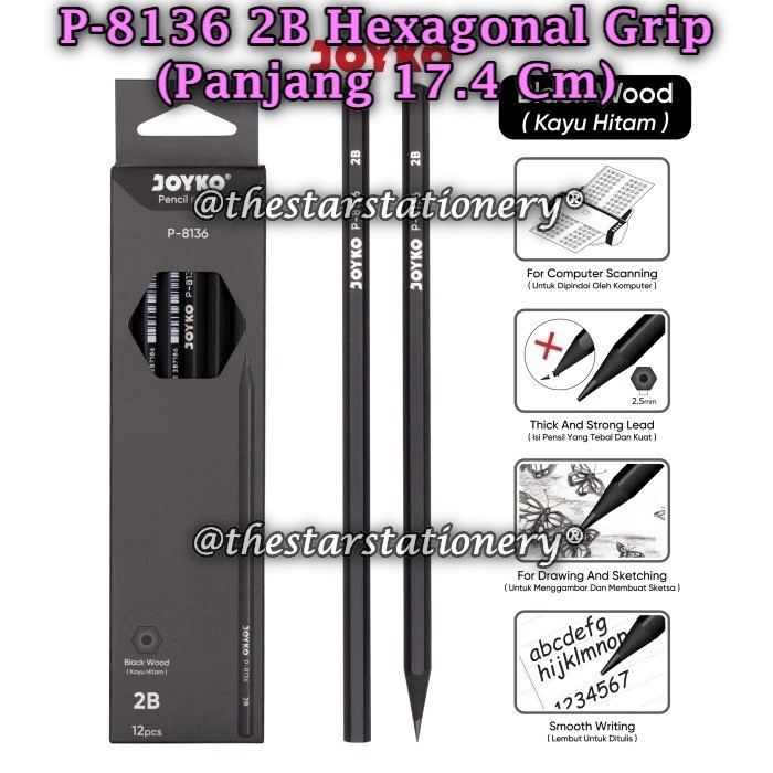 

(1 Pak/12) GROSIR Pensil JOYKO P-8136 2B / Pencil Pensil Joyko P-8136 2B Hexagonal Grip (Pak/12)