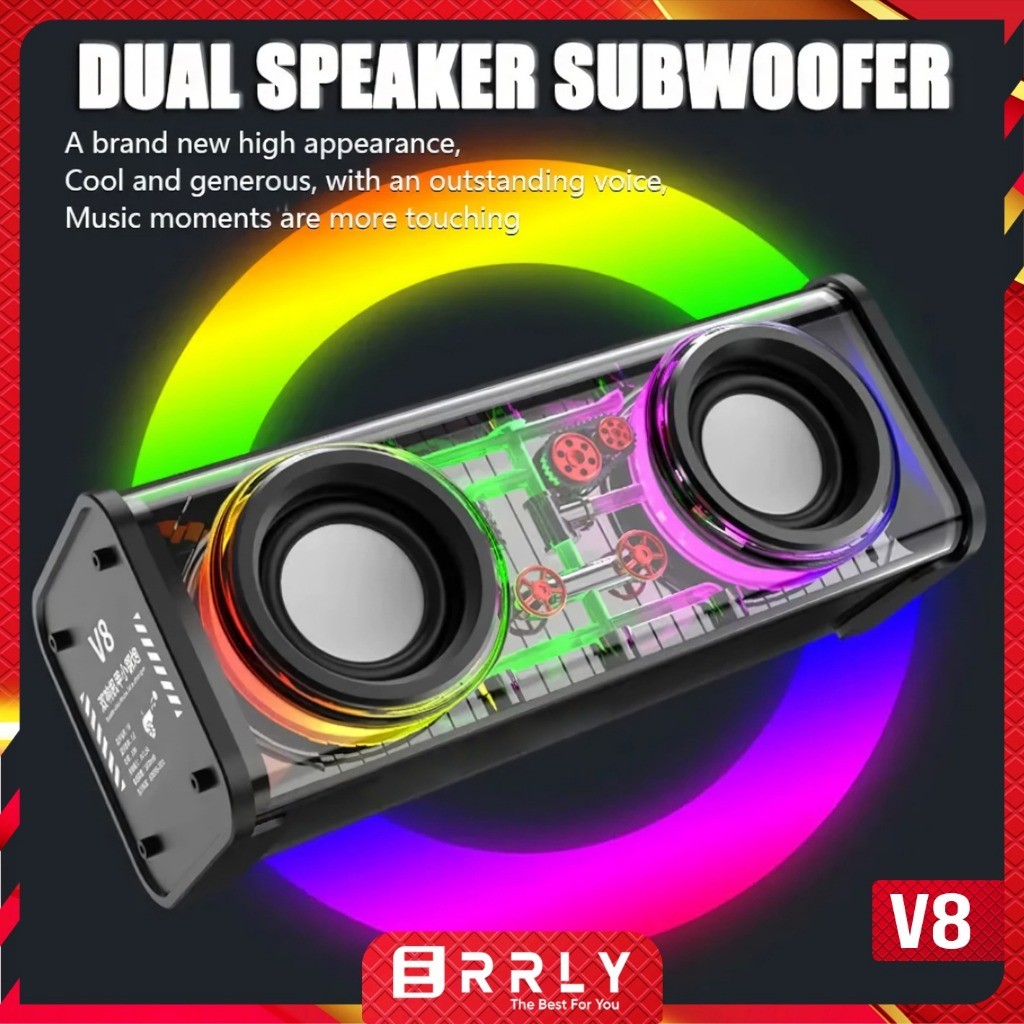 V8 ARMOUR Bluetooth Speaker 13W Double Subwoofer Music Speaker RGB LED Light Transparent