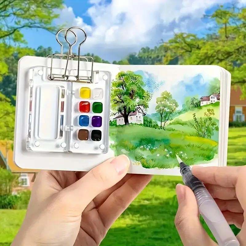 

Portable Mini Watercolor Paint Box Set, with Travel Sketchbook, Mixable Acrylic (PMMA) Paints, PE (Polyethylene) Palette