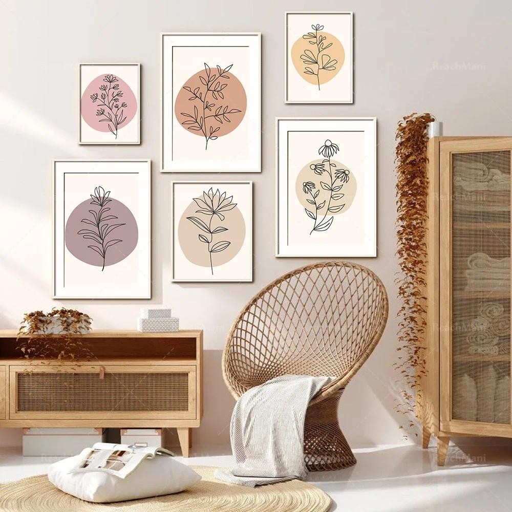 

Boho style abstract sketch line flower plant minimalist poster canvas painting wall art printing picture living room home decora