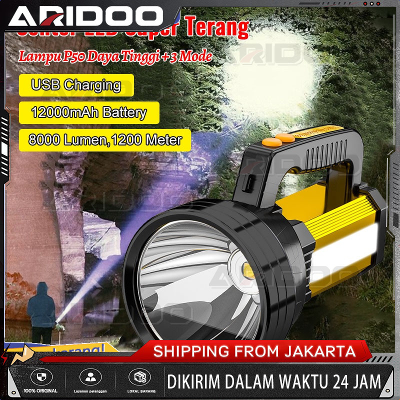 Senter LED Jumbo Super Terang/Senter LED 3 Mode Cahaya Super Terang Waterproof Anti Air USB Recharge