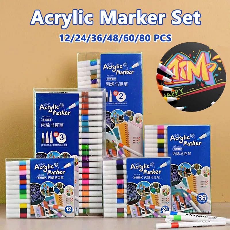 

12/24/36/48/60/80 Warnas Spidol Akrilik Acrylic Marker Set DIY Painting Spidol Pastel Pulpen Pulpen Warna Tahan Air Dan Tahan Lama