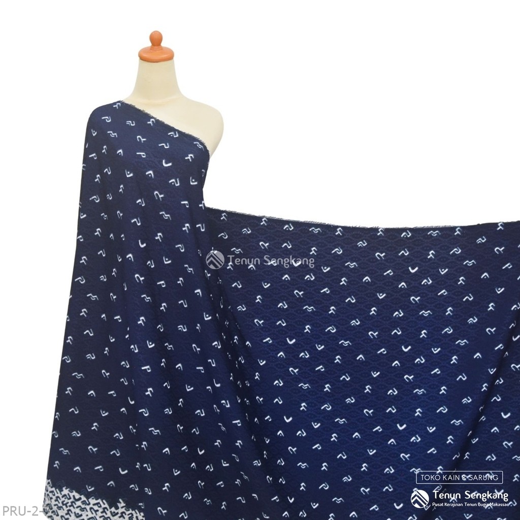 Kain Dobby Batik Bugis Makassar Biru Navy Motif Lontara Abstrak Berpinggir - Tenun Sengkang PRU-2-7