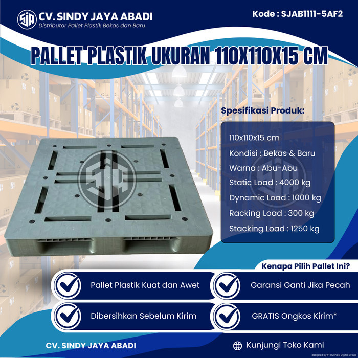 

Pallet Plastik Bekas Ukuran 110x110x15 cm - SJAB1111-5AF2 / Pallet Plastik Warna Abu-Abu / Pallet Plastik Flat