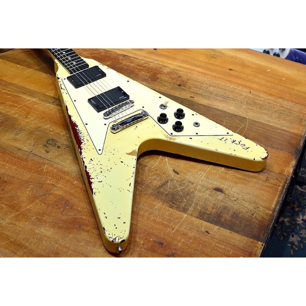 V shape electric guitar cream color aged paint and parts white pickguard chrome parts HH  passive pi