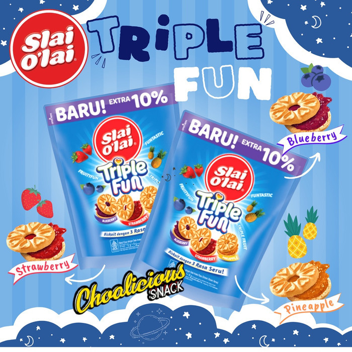 

Slai Olai Triple Fun Pouch 3 Rasa 72 gr isi 10 Bungkus / Slai O'lai 3 in 1 Biskuit Susu dengan Rasa Strawberry Blueberry Pineapple