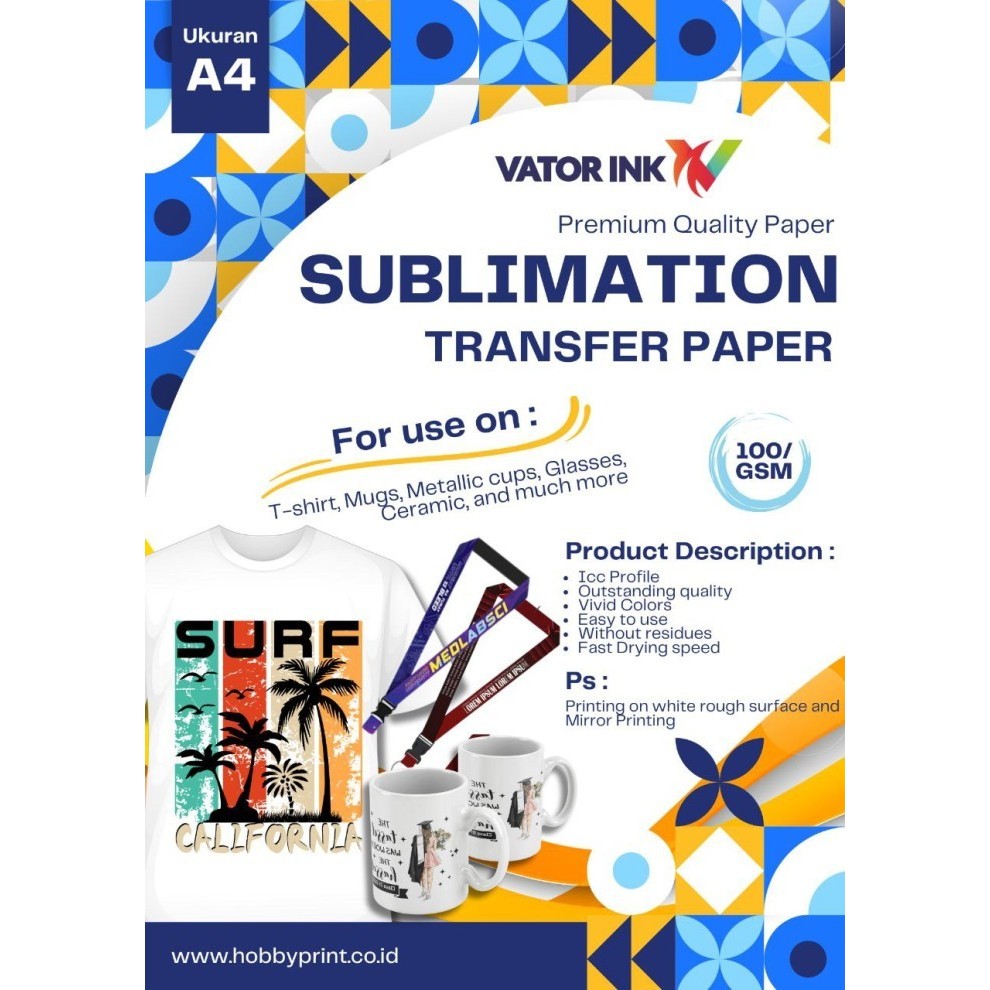 

TRANSFER PAPER SUBLIM KERTAS CETAK SUBLIM VATOR UK A4 ISI 100 lembar