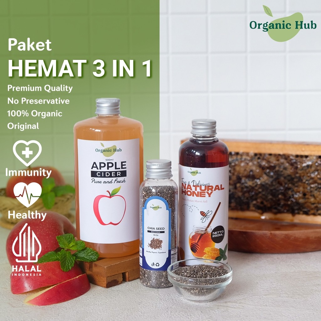 

Organic Hub Paket 3 in 1 Apple Cider With Mother Original Cuka Apel Madu Hutan Murni Chia Seed