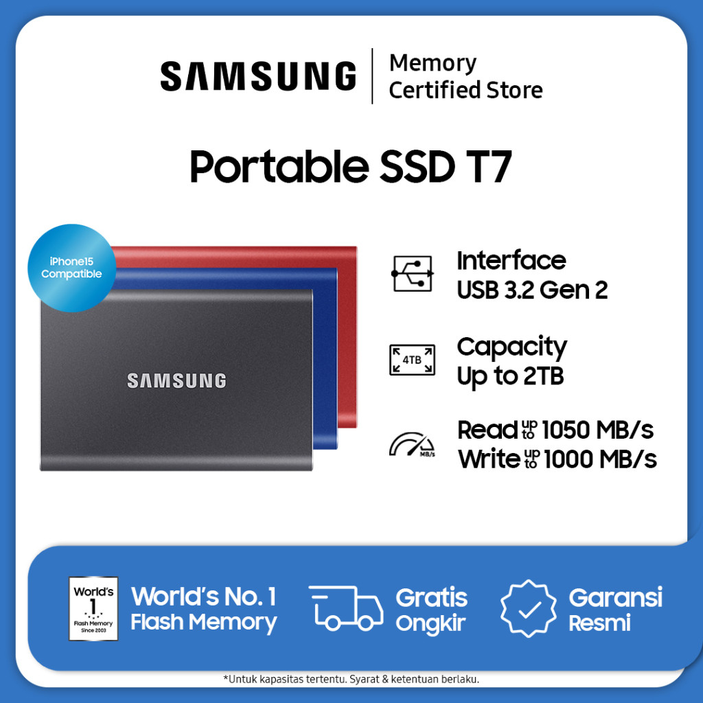 Samsung Portable SSD T7 USB 3.2 Gen 2 - SSD Eksternal - 1TB / 2TB / 4TB