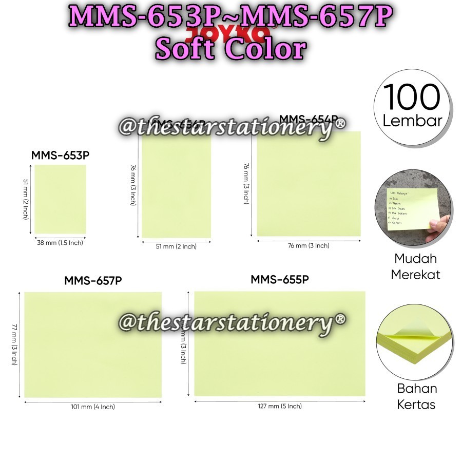 

(1 Set) GABUNGAN Memo Stick Kertas Memo Tempel Sticky Note Joyko MMS-653P~657P Soft Color (1 Set)