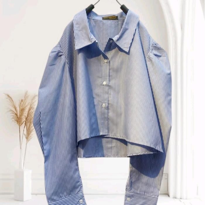 JIZEE-ATASAN WANITA-KEMEJA CROP KOREAN YUMNA Formal Basic Nyaman Panjang Katun - SALUR  BIRU