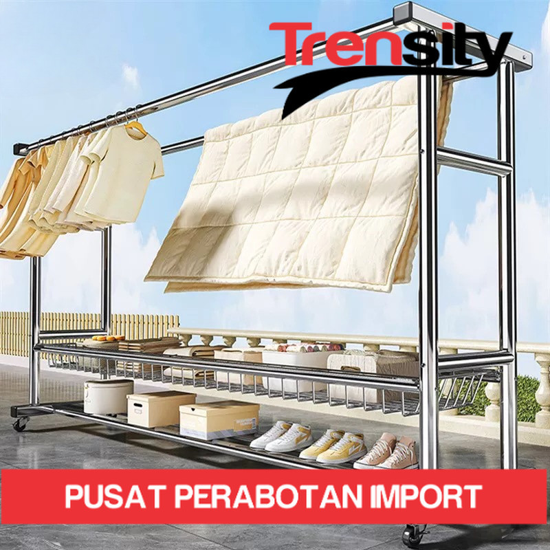 Rak Gantungan Baju Berdiri Stainless Jemuran Baju Besi Kuat Besar Jemuran Baju Stainless Dengan Roda