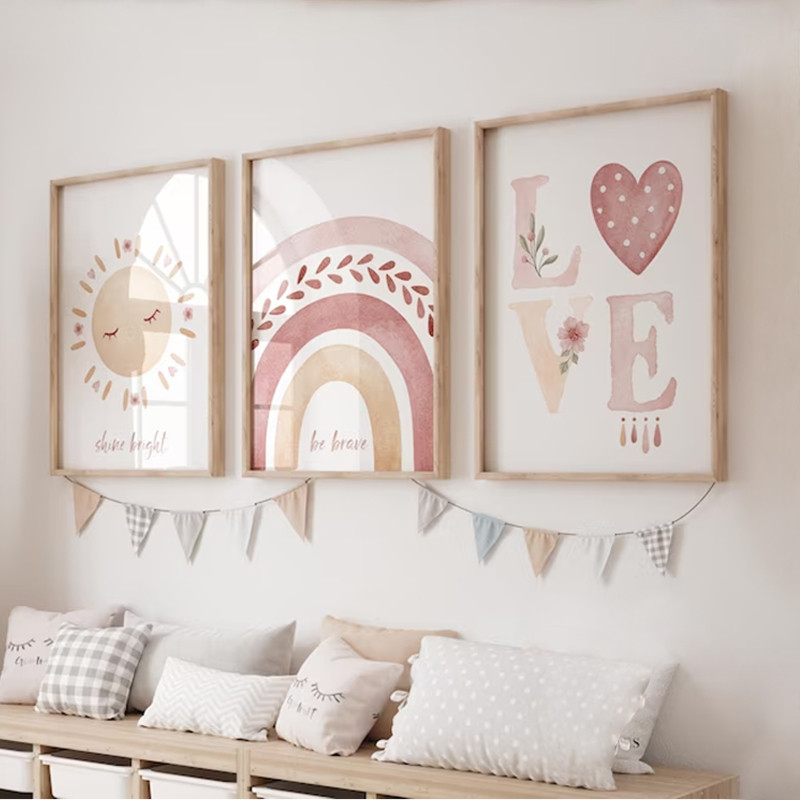 

Bohemian Style Rainbow Series Canvas Painting Pink Sun Love Heart Cosy Wall Art Girls Bedroom Trend Decoration Unframed Poster