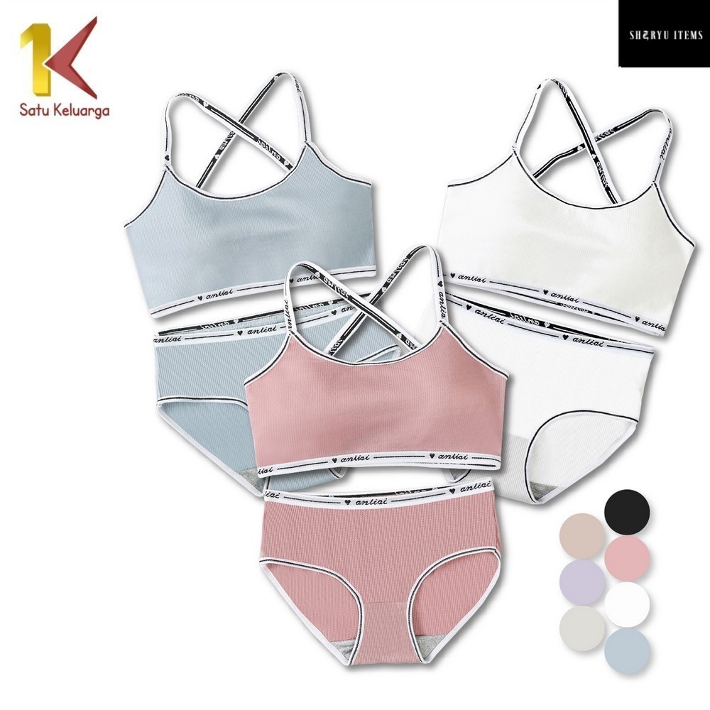 1K Bra Set Celana Dalam P169 Bralette One Set Wanita Tali Silang List Putih BH Tanpa Kawat Wanita