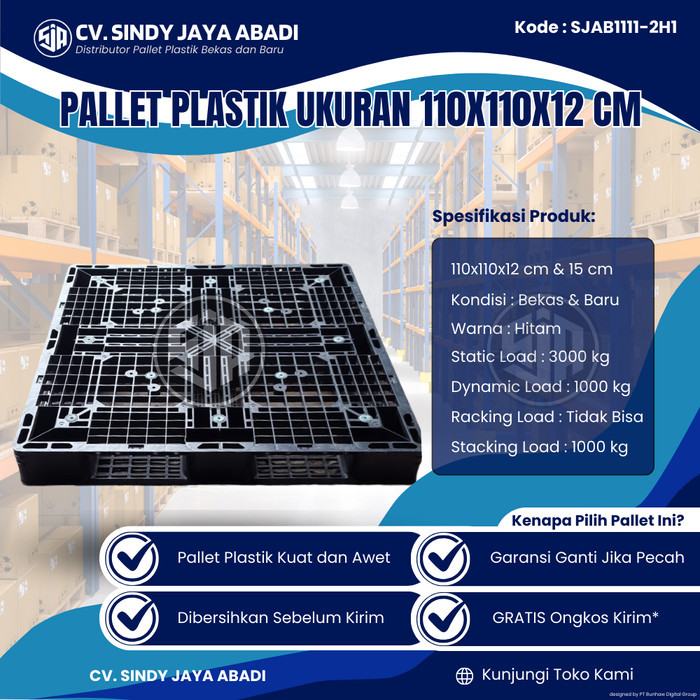 

Pallet Plastik Bekas Ukuran 110x110x12 cm - SJAB1111-2H1 / Pallet Plastik Warna Hitam / Pallet Plastik Jaring