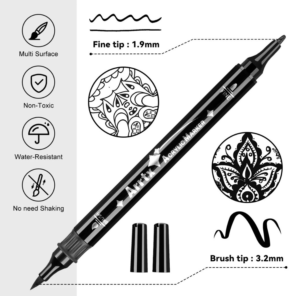 

Arrtx black Acrylic Marker, Brush Tip and Fine Tip (Dual Tip) AAC-0300